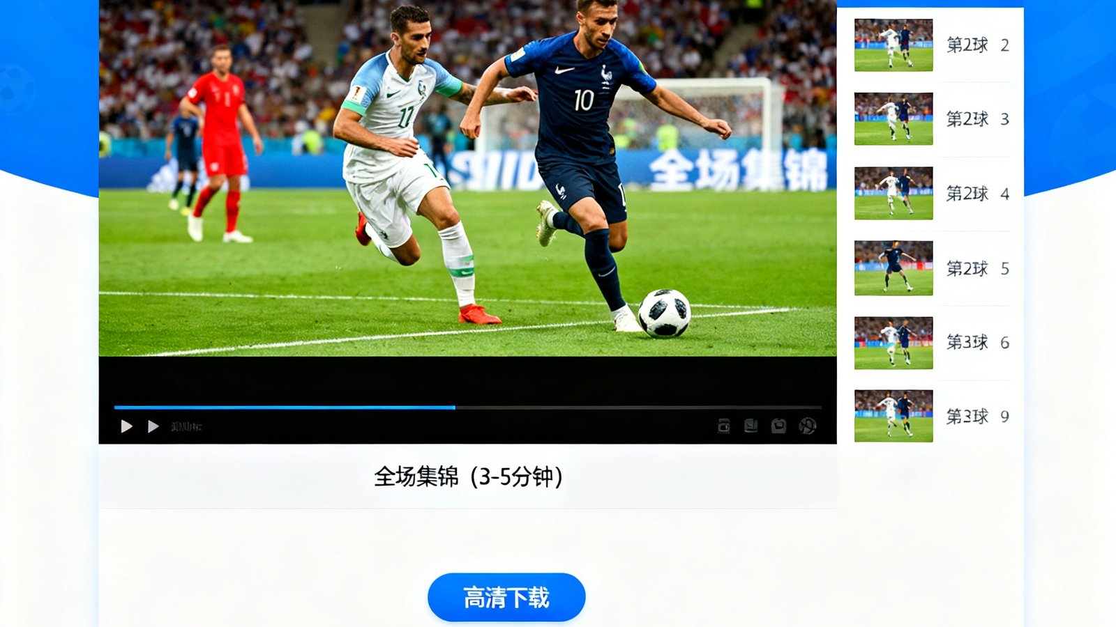 世界杯视频集锦回放页面,全场集锦3-5分钟,单进球剪辑列表,并附有高清下载